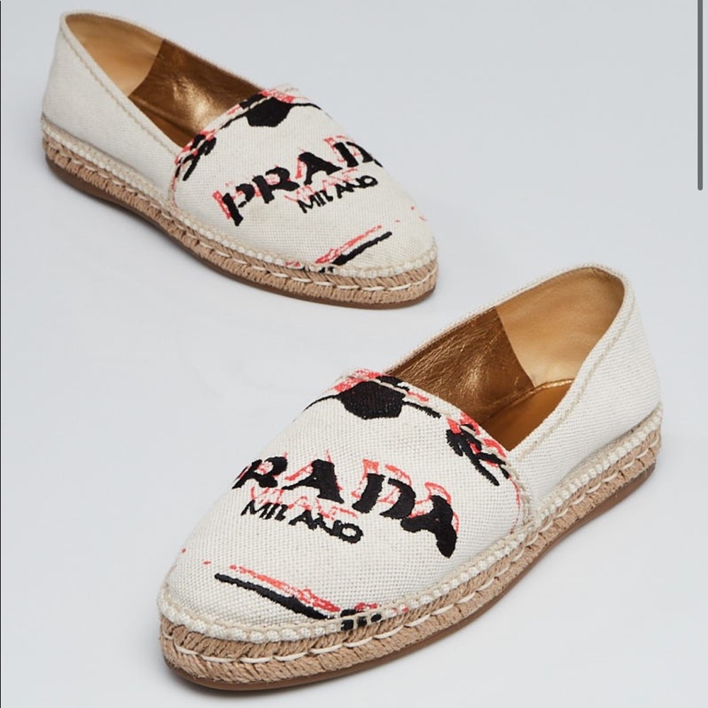 Prada Embroidered Logo Canvas Espadrille Flats